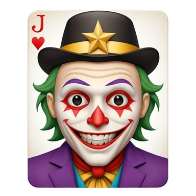 1 poker card, perfectly squared card, with crazy colorful human jolly joker inside, star symbol with a "J" sticker