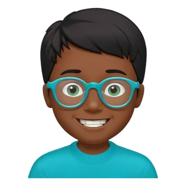 Chico de 7 años, pelo negro y repeinado, piel oscurita, gafas rectangulares azules, sonriente sin 1 diente, jersey verde turquesa y ojos rasgados, no redondeados sticker