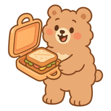 cute soft fluffy sandwich maker bear, soft pastel style, opening with a cute sandwich inside, creamy brown, full-body sticker