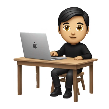 memoji of a man with a laptop in front, apple-style, fair white skintone,modern,black hair,black sweater,computer in hand,sitting on his desk sticker