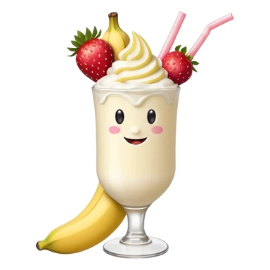 Milkshake vanilla with a banana sticking out of the milk shake it and two strawberries on both sides of the banana at the very tip of the banana, whipped cream and a smiley face one big banana coming out of milk shake sticker