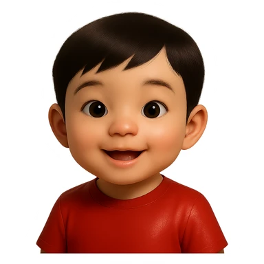 Remove the checkered background and make it fully transparent. Keep the cute Asian baby boy with red shirt, soft glossy texture, 80% realistic. Maintain a soft glossy texture and about 80% realistic style. sticker