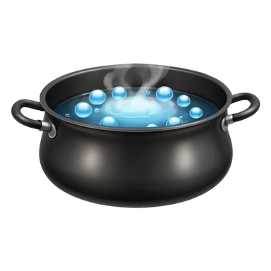 black small metal pot filled with boiling water on a stove, visible hot steam and rising bubbles, realistic heat effect, shiny pot surface, bright lighting, clean white background sticker
