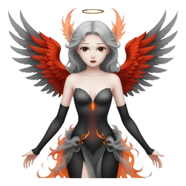 Winged woman standing motionless in smoke, restrained lust, infernal elegance sticker