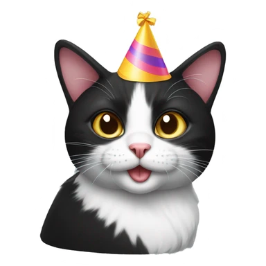 black and white cat with a birthday hat sticker