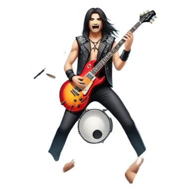 Icon for Heavy Metal: a metal band on stage, with electric guitars, drums, and a powerful vocalist. The atmosphere is intense with flashing lights, music notes, and a crowd of fans. The design should capture the energy and power of a live heavy metal performance. Transparent background. sticker