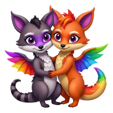 black female raccoon dragon hybrid with rainbow colored wings and purple eyes giving a hug to a red female fox dragon hybrid with rainbow colored wings and orange eyes sticker