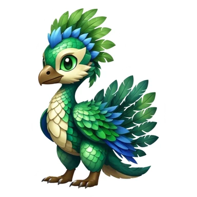 Cute cool fantasy animal hybrid Fakemon full body, green scales, green leaves, brown eyes, blue feathers sticker