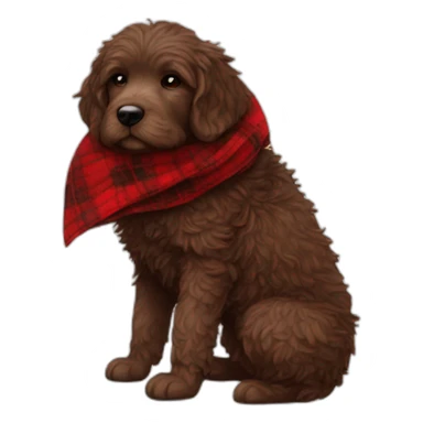 A chocolate colored doodle with a red and black flannel handkerchief sleeping sticker