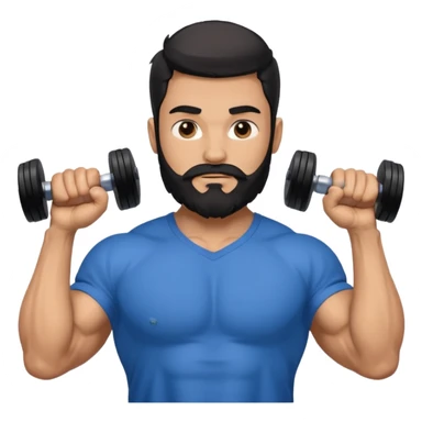 generate an ios genmoji of a 20 year old tan boy with long long long black beard that reaches his chest. Big biceps. wearing a blue shirt that fits his arms and carrying a dumbbel sticker