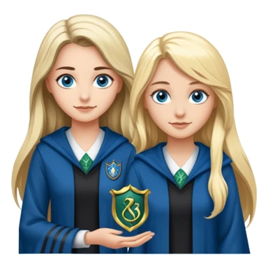 a pretty ravenclaw girl with long brown hair and blue eyes standing with a hot Slytherin girl with long blonde hair, blue eyes and big boobs  sticker