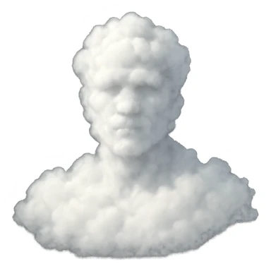 A person made entirely of soft, white, voluminous clouds, shown from the shoulders up, facing forward, in a style similar to a photo, with realistic and fluffy cloud texture sticker