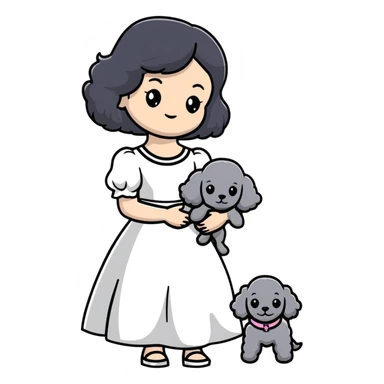 beautiful girl with long black hair in a white dress holding a small gray poodle sticker