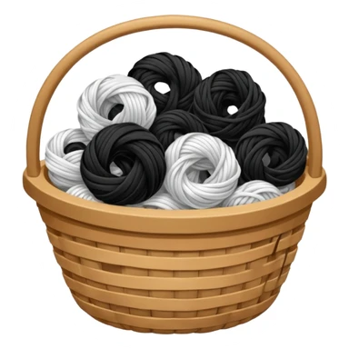 A basket with tangled black and white yarn spilling slightly over the side. sticker