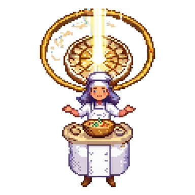 A divine baker surrounded by floating utensils, radiant ingredients, and a halo of light. The oven levitates, powered by pure energy. UI resembles clouds, golden rays, and ethereal scrolls—like a heavenly recipe interface. sticker
