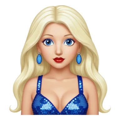 Christina Aguilera with long platinum blonde hair, periwinkle sequin crop top, red sequin pants, blue eyes sticker