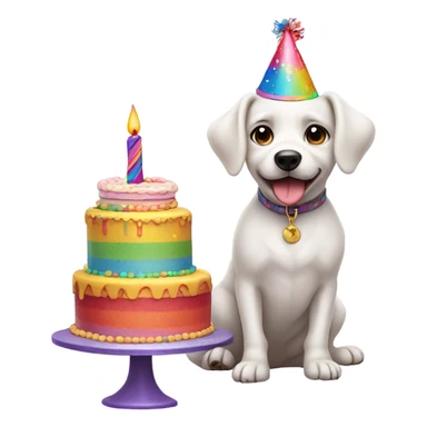 White male small dog wearing birthday hat with a cake  sticker