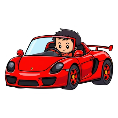 young gamer boy with black hair driving a Red Porsche carrera GT sticker