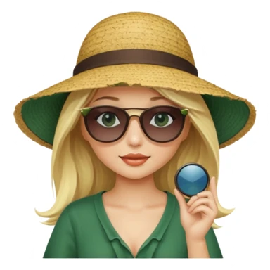 
blonde girl in dark green beach big hat adjusting sunglasses sticker