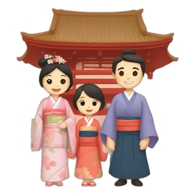 father, mother, and two kids with kimono in a temple sticker