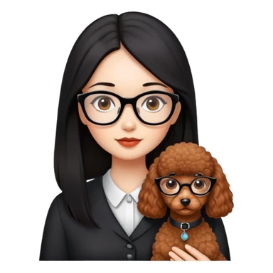 A beautiful girl with glasses with fair skin has long straight black hair and a miniature reddish-brown Poodle. sticker