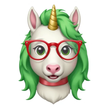 white furred unicorn with green hair and big red earrings looking into camera and spectacle sticker