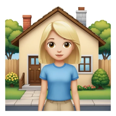 a blonde girl standing outside a small cute home sticker