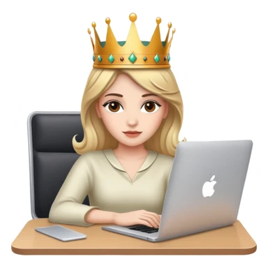 Attractive woman with crown on her head sat at the desk with MacBook sticker