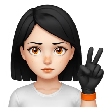 Girl with Black hair , scars on her nose to her left cheeks,orange eyes, withe shirt, pointing at you , with black gloves  sticker
