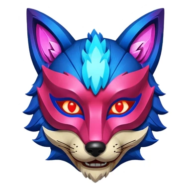 Ancient wooden mask, broken in half, luminous and neon with red, blue, and pink fox-like glow. Fragments of the mask scattered around. sticker