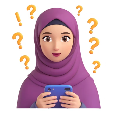 confused young woman in hijab, question marks circling her head, iPhone memoji style, 3D, soft lighting sticker