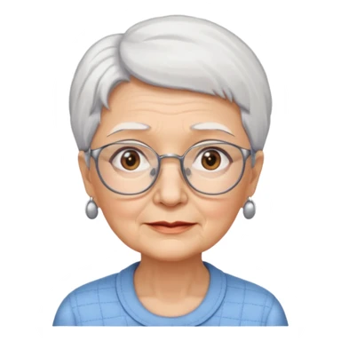 Create me emoji of an old lady. Short white hair to left side. Square glasses. Brown eyes. Rounded bigger face. Wide nose sticker