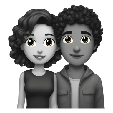 A dark-haired girl with freckles and a fair face kisses a dark-haired and curly guy with gray eyes on the cheek sticker