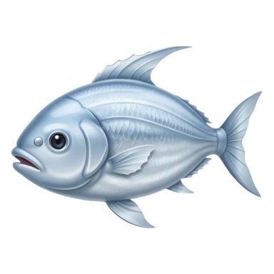 whole silver fish or fillet encased in a thin layer of frost, subtle ice crystals on the surface, slightly muted color tone, texture firm and chilled, clean defined contours, no packaging, tray, or garnish, soft lighting, subtle shadows, emoji scale sticker