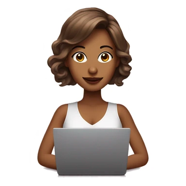 mujer cabello castaño piel blanca con ojos grandes cafe, con una laptop y vestida de rosa sticker