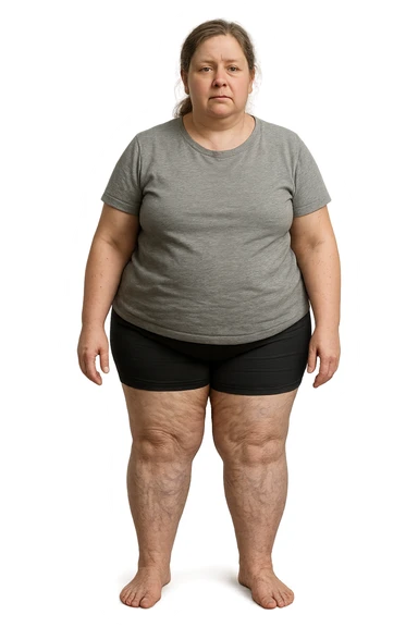 donna realistica leggermente in sovrappeso con vene visibili sulle gambe e gambe gonfie, iperrealistica 4k, IPERREALISTICA 4K sticker