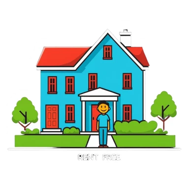 happy person in front of a house labeled 'rent free' sticker