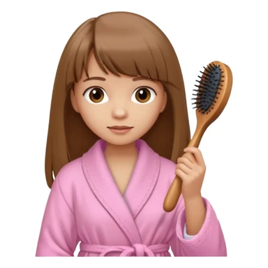 a girl with light skin and medium brown long hair with bangs who is brushing her hair with a hairbrush and she is wearing a light pink bathrobe sticker