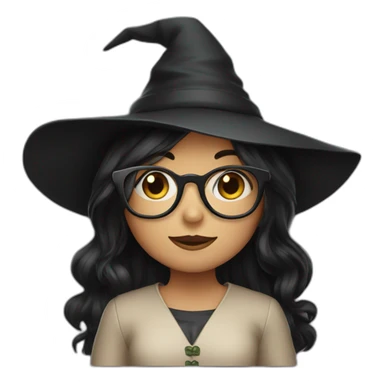 girl with black long hair, glasses and witch hat sticker