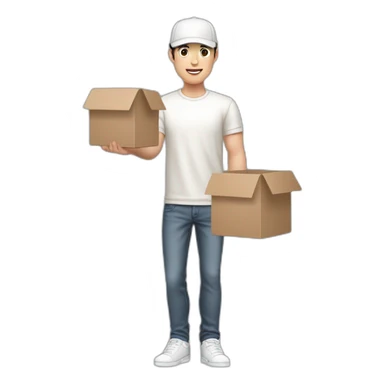Pale skinned fit Man with dark brown hair in a white cap, gray jeans and beige polo T-shirt keeping a pasted box into his hands sticker