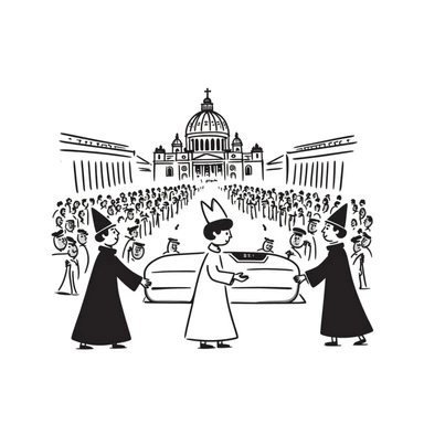 A respectful drawing of a papal funeral procession at Vatican City with cardinals, the papal coffin, and St. Peter's Square filled with mourners sticker