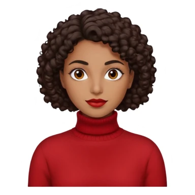 30 yr iranian woman dark brown hair curly wavy short hair, red turtle neck sweater, very thick eyebrows sticker