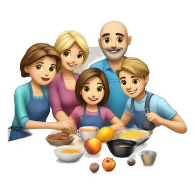 6 caucasian family members preparing breakfast at kitchen  sticker