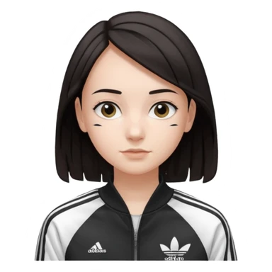 A girl with  medium length, dark hair, fair skin. The style is a layered cut that falls around her shoulders. wore black Adidas track jacket with white stripes on the sleeves. It has a full zipper down the front, a stand-up collar, and the Adidas logo on the right chest emoji sticker