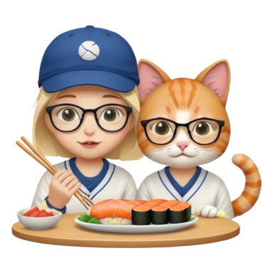 cute girl cat wearing glasses and a cute boy cat wearing a baseball cap eating sushi together sticker
