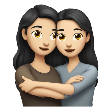 A lesbian couple who both have white skin and long black hair are hugging intimately. sticker