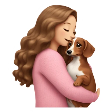Brunette white girl with long wavy hair in a pink sweater holds a brown and cream dachshund long-haired puppy in her arms sticker