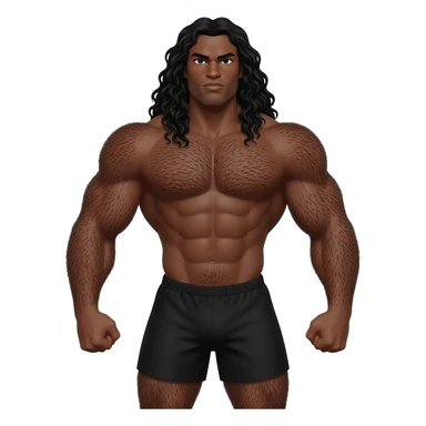 Superhero black male look superstrong black shorts very hairy long black bear and hair big arms no shirt full body size sticker