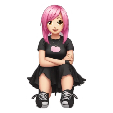 Full body Front view curvy emo girl pink hair sits on the floor straight view hands up black skirt белые трусики sticker