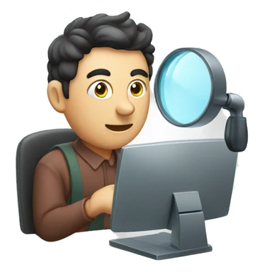 man using magnifying glass to read a computer monitor sticker